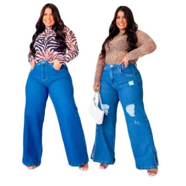 Calça Jeans Wide Leg Pantalona Rasgada Com Cinto Branco Moda - Useconf -  Kit Feminino - Magazine Luiza