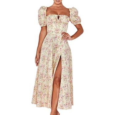 Imagem de Vestido Longo Com Mangas Bufantes, Elegante Fechamento Com zíper No Peito, AlçA Plissada, Vestido Feminino Com Estampa Floral, Bainha Dividida Em A para Uso diáRio (M)