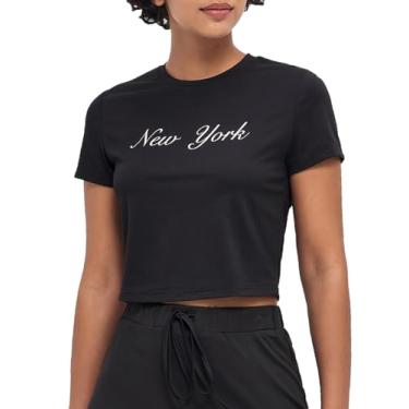 Imagem de AMIMIV Camisetas femininas cropped estampadas 2024 verão na moda manga curta gola redonda slim fit vintage, Preto - Nova York, GG