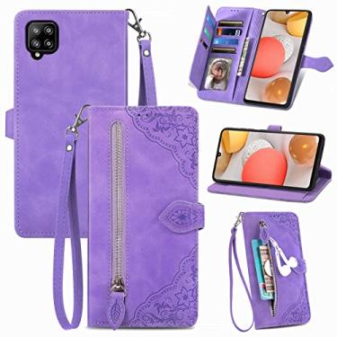 Imagem de Furiet Capa carteira compatível com Samsung Galaxy A42 5G com alça de pulso e suporte de cartão flip de couro, acessórios para celular, capa para celular A 42 G5 42A S42 4G 2021 feminina roxa