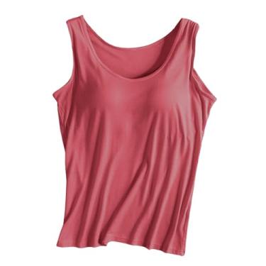 Imagem de Lainuyoah Regatas femininas modernas confortáveis gola redonda sutiã embutido acolchoado para treino sólido alças largas camisetas casuais, A-melancia, vermelho, G