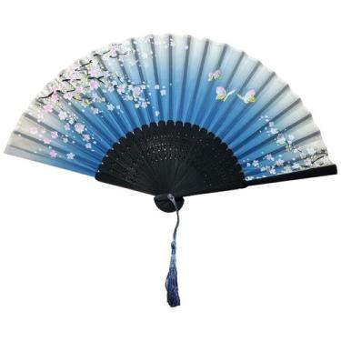 Imagem de Leque de Mão Japonês Bambu Madeira Tecido - Galleria 77, Azul Sakura