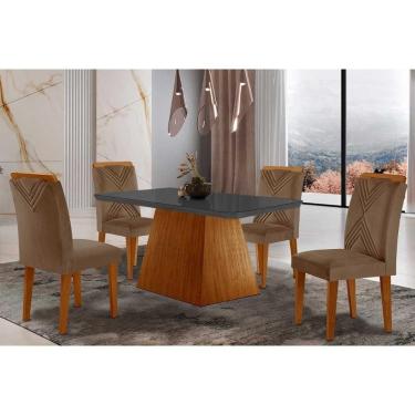 Imagem de Kit 4 Cadeiras de Cozinha Luna Tampo Madeirado c/ Vidro Canto Curvo 120x80 e 4 Cadeiras Amsterdã Imbuia/Suede Capuccino - Rufato