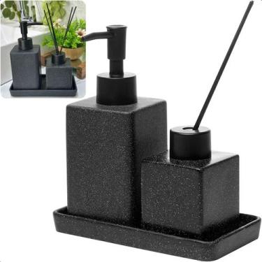 Imagem de Kit Lavabo Banheiro Pia 3 Peças De Cerâmica Preto Granilite Luxo Lyor