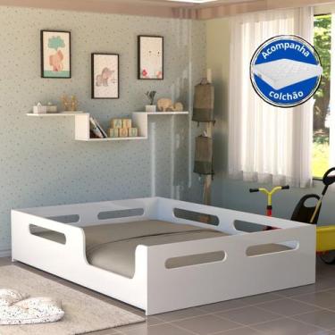 Imagem de Cama Casal Montessori Infantil Com Proteção Lateral Branco em MDF + Co