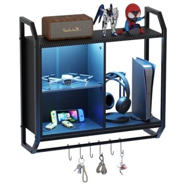 Imagem de DongRong Prateleiras flutuantes para decoração de sala de jogos de parede com luzes de LED, prateleiras de armazenamento de tiras de vidro, prateleiras pretas para quarto, sala de estar e prateleira