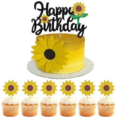 Imagem de Decorações de bolo de girassol para chá de bebê, topos de bolo de aniversário de girassol com glitter, girassol, decoração de festa com tema de girassol (1 topo de bolo de girassol e 6 topos de cupcak