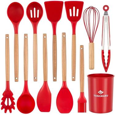 Imagem de TONGMARU Conjunto de 12 utensílios de cozinha, conjunto de utensílios de cozinha de faia premium, conjunto de utensílios de cozinha de silicone antiaderente, conjunto de espátula com suporte,