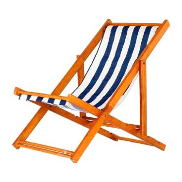 Imagem de Espreguiçadeira Portátil de Madeira Maciça – Para Piscina, Sem Braço, Envernizada (Listrado Azul e Branco)