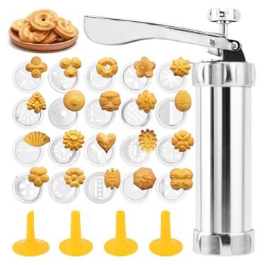 Imagem de Pistola de prensa de biscoitos de aço inoxidável, kit manual para churrasco, máquina de fazer churro, com 20 discos de biscoito e 4 pontas de tubulação para fazer bolos DIY decorando suprimentos de