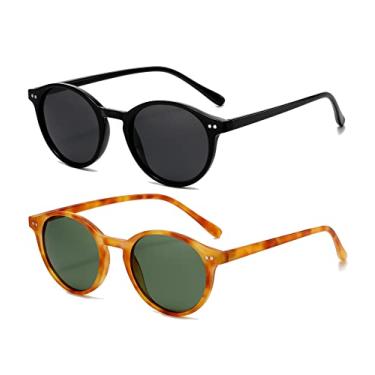 Imagem de EYLRIM Óculos de sol redondos clássicos polarizados para mulheres e homens, estilo vintage, armação circular leve (pacote com 2 (preto brilhante/cinza + leopardo/verde))