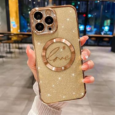 Imagem de MGQILING Capa magnética galvanizada com glitter para iPhone 13 Pro de 6,1 polegadas [carregamento sem fio] capa brilhante à prova de choque com antiamarelamento, estampa de coração de letra de amor