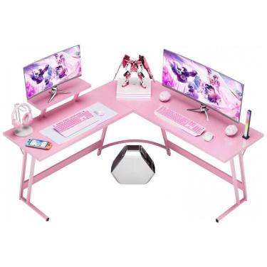 Imagem de Mesa Gamer em L Homall Rosa 130 cm com Suporte para Monitor Grande Removível e Gaveta, Estilo Carbono Fosco