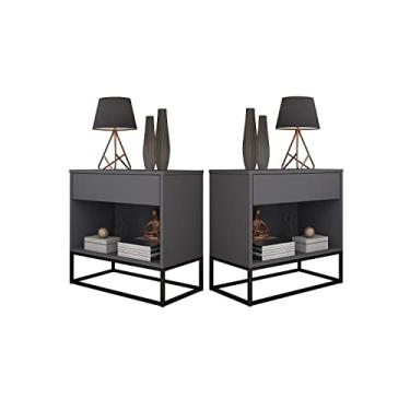 Imagem de Kit 2 Mesas de Cabeceira Industrial C/Gaveta e Nicho Cinza Base de Ferro Preta