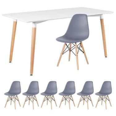Imagem de Mesa De Jantar Retangular Eames 80 X 160 Cm Branco + 6 Cadeiras Eiffel Dsw Cinza Escuro