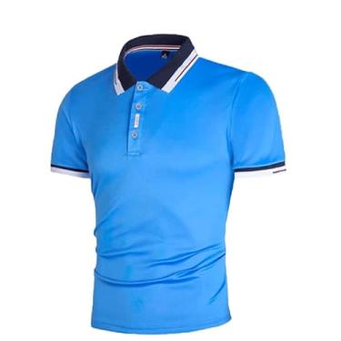 Imagem de BAFlo Nova camiseta masculina com contraste de cores e patchwork, camisa polo masculina de manga curta, Azul médio, XXG