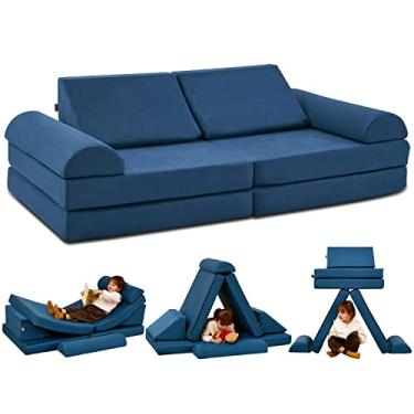 Imagem de jela Sofá infantil médio 8 peças, suporte modular para crianças e adultos, conjunto de brinquedos para bebês e crianças, sofá modular de espuma para brincar para ambientes internos e externos (144,8 cm x 71,1 cm x 45,7 cm, azul marinho)