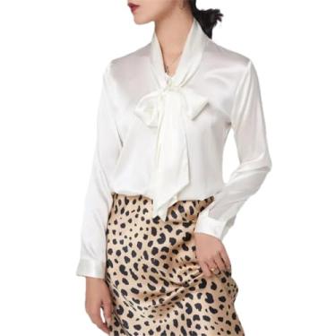 Imagem de Camisa de seda feminina primavera outono manga longa cetim seda blusa gola V laço camisa, Branco, PP