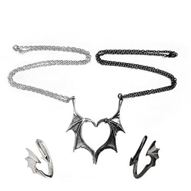 Imagem de COLORFUL BLING Conjunto de 2 colares com pingente de coração de amor gótico combinando com asa de morcego de dragão gargantilha para amantes da amizade para mulheres homens e mulheres joias legais, Metal, Liga metálica.