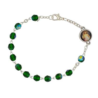 Imagem de Pulseira verde do terço de uma década com imagens da Mãe Abençoada e Divina Misericórdia | Contas de cristal de vidro e fecho lagosta | Ótimo presente católico para confirmação | Feito na Itália, One