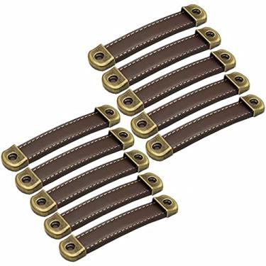 Imagem de 10 peças de couro PU + maçaneta de porta de liga de zinco, puxador de gaveta de mala puxador de armário de couro feito à mão puxadores de porta simples ferragens de móveis (marrom escuro distância do