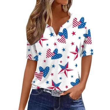 Imagem de Camiseta feminina com bandeira americana de verão com estampa de listras estrelas, gola V, túnica patriótica Dia da Independência, Branco, P