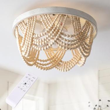 Imagem de OPKMB Ventilador de teto Boho com contas de madeira com luz e controle remoto, 50,8 cm de perfil baixo com montagem embutida retro, motor CC reversível de 6 velocidades, lustre base E26 para sala de