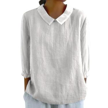 Imagem de Camisas de linho femininas de manga comprida com gola de lapela outono verão blusas soltas casuais cor sólida túnicas elegantes básicas, Branco, GG