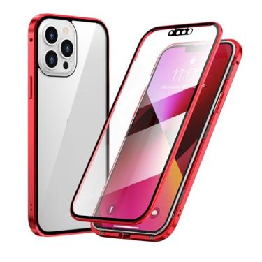 Imagem de HAO RIYLN Capa para iPhone 15 Pro Max/15 Pro/15 Plus/15.360 graus proteção frente e verso capa de telefone de carregamento sem fio, moldura de metal de vidro temperado, vermelha, 15 Plus 6,7''