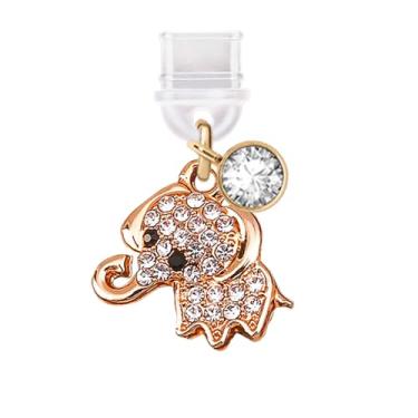 Imagem de ELISE & FONDA TP388 Tipo-C porta de carregamento USB plugue antipoeira pequeno elefante cristal pingente de telefone celular para iPhone 15/Samsung/OnePlus/Xiaomi/oppo telefones Android (dourado),