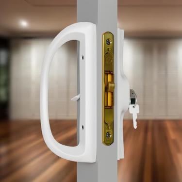 Imagem de T-HAKEN Conjunto de maçaneta de porta de vidro deslizante com trava de encaixe - cilindro de chave e prendedor, conjunto de alças de substituição serve para espessura de porta de 3,5 a 3,5 cm,