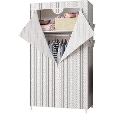 Imagem de Guarda-roupa, prateleiras portáteis com trilho suspenso, guarda-roupa de lona com trilho suspenso, armário dobrável, branco, 70x45x160cm
