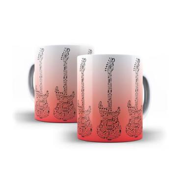 Imagem de Caneca Branca Porcelana Decorada Guitarra Cor Degradê 325ml + Caixinha