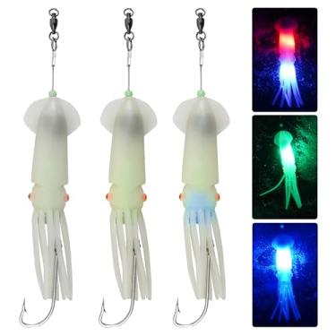 Imagem de Iscas de pesca de lula de água salgada, iscas de pesca de LED que brilham com gancho de aço inoxidável 6/0, iscas de pesca em alto mar para garoupa, alabote de salmão, atum striper bacalhau, 3 peças