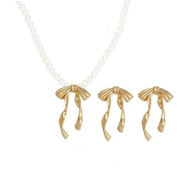 Imagem de Colar com laço de ouro para mulheres, colar e brincos de pérola, conjunto de brincos de fita, colar delicado de corrente com laço elegante, joias de Natal e ano novo, Zinco, Sem Pedra Preciosa