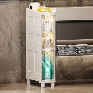 Imagem de Armário estreito de piso alto, armário de banheiro de 3/4/5 camadas, organizador lateral com gavetas e rodízios de plástico, torre de cômoda estreita, armário de armazenamento de papel higiênico