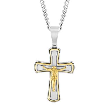 Imagem de Colar masculino de aço inoxidável com pingente de crucifixo com acabamento prateado e dourado em dois tons - 61 cm, Metal, Sem Pedra Preciosa