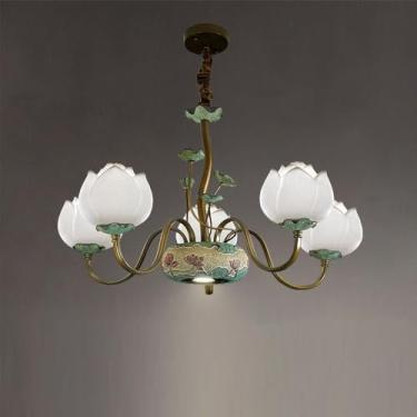 Imagem de OUFULA Luminária pendente de lótus contemporânea chinesa retrô criatividade sala de estar restaurante quarto villa hotel balcão decoração led lustre (D White 5 lights)
