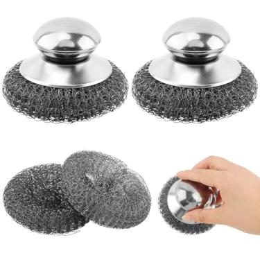 Imagem de 2 esfregões de lã de aço inoxidável com alça, 2 almofadas de lã de aço de substituição para limpar pratos, esfregão de metal, escova de lavar louça para panela de cozinha, frigideira, pia
