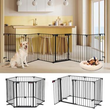 Imagem de AGESISI Portões autônomos para cães com passagem de porta, porta extra larga para cães 381 cm L x 73,7 cm A portão para animais de estimação, segurança, 6 painéis, cerca para escadas, portas