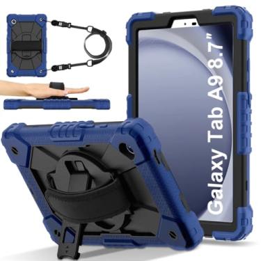 Imagem de Capa para Lenovo Tab P12 Pro de 12,6 polegadas (TB-Q706F/TB-Q706Z), à prova de choque, função de suporte, alça giratória de 360°, para suporte de caneta, alça ajustável (preto) (preto - azul, Tab A9