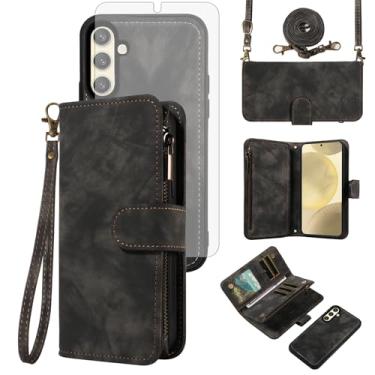 Imagem de Asuwish Capa de celular para Samsung Galaxy S24 5G carteira magnética com zíper com protetor de tela de vidro temperado alça de pulso transversal flip porta-cartão de crédito bolsa S 24 24S G5