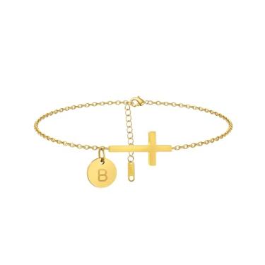 Imagem de Mauzew Tornozeleira feminina com inicial dourada delicada à prova d'água com cruz dourada personalizada A-Z Moeda Disco Letra Tornozelo Pulseira Verão Praia Joias Presentes Amizade, one size, Aço