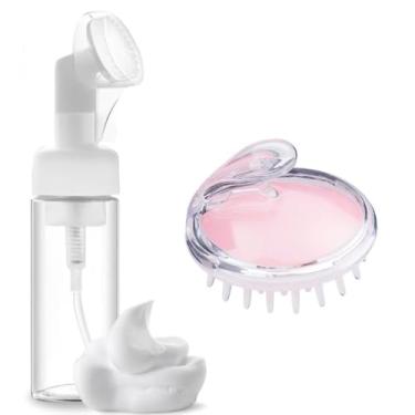 Imagem de Kit Frasco Pump Espumador Dispensador de Espuma Limpeza Facial SkinCare Com Escova Massageadora Couro Cabeludo Massageador Capilar Silicone Macio Para Higienizar