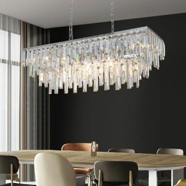 Imagem de Lt-vt Lustre De Cristal K9 Cromado Retangular Moderno Luminária Pendente Retangular Para Sala De Jantar Cozinha Ilha Quarto L31,5''