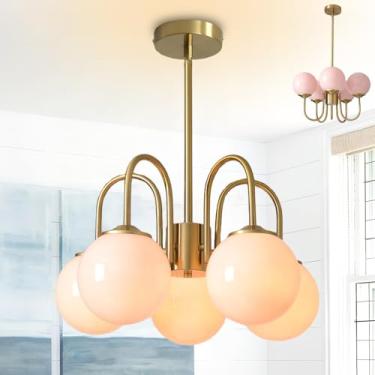 Imagem de APLampara Lustre Moderno De Bolhas Rosa De 16 Pol., Lustres Sputnik De 5 Luzes Para Quarto De Meninas, Lustre De Latão Dourado De Meados Do Século, Luminária Suspensa Para Quarto, Sala De Jantar, Co