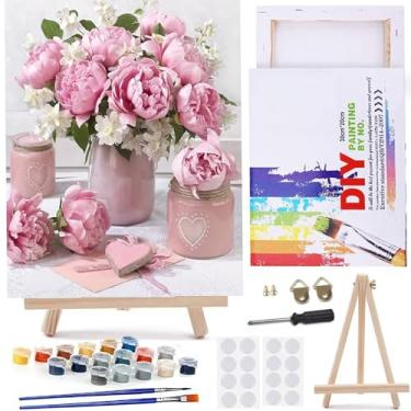 Imagem de MaiMMaledy Kit de pintura por números para adultos iniciantes imagens em tela com pintura de desenho emoldurado pigmento acrílico com cavalete de triângulo de madeira flores rosa 20x30 cm C cm