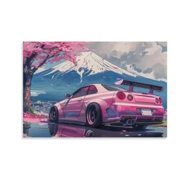 Imagem de ANMOGID Tela de arte de parede rosa Jdm carro R35 montagem Fuji flores de cerejeira reflexão pôsteres arte estética moderna impressões para quarto sala de estar escritório com tela premium resistente