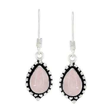 Imagem de Brincos pendentes de labradorita de lápis-lazúli natural de 7 x 10 mm, pedras preciosas de pera 925 com sobreposição de prata, brincos pendentes feitos à mão para mulheres, Prata, Quartzo rosa