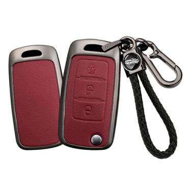 Imagem de HIBEYO Capa Smart Key Fob compatível com Dongfeng DFM Aeolus AX7 AX5 AX4 AX3 Glory 360 370 580 Cefiro MX6 Capa de couro e acessórios de liga com chaveiros de couro-B tipo vermelho